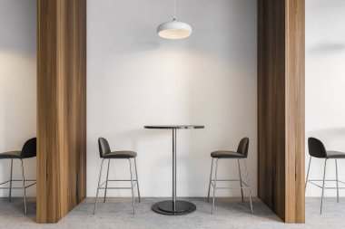 Siyah bar sandalyeler, yüksek siyah masa, yemek odasında ahşap bölme. Modern kafede gri mermer zemin, minimalist tasarım yeni mobilyalar, 3D görüntüleme