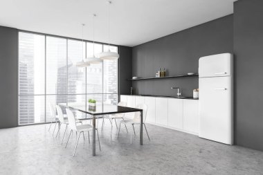 Beyaz mutfak seti, fırın ve buzdolabı ve yan manzaralı gri ve beyaz yemek odası. Gri mermer zeminde altı beyaz sandalyeli yemek masası, üç boyutlu görüntüleme, insan yok.