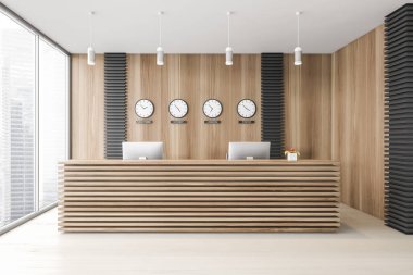 Gri ve ahşap duvarları, beton zemini, resepsiyon masası ve saatleri olan şık bir ofis. 3d oluşturma