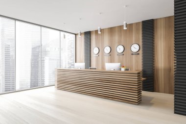 Gri ve ahşap duvarları, beton zemini, resepsiyon masası ve saatleri olan şık bir ofis köşesi. Bulanık şehir manzaralı bir pencere. 3d oluşturma