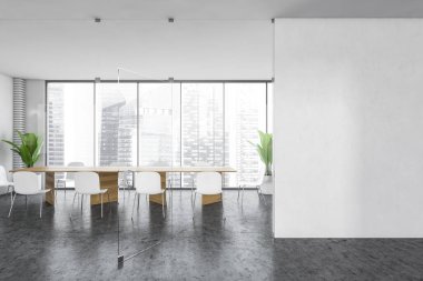 Beyaz duvarları, beton zemini ve uzun konferans masası olan modern toplantı odasının içi. 3d oluşturma