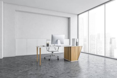 Beyaz duvarları, beton zemini ve ahşap bilgisayar masası olan modern CEO ofisinin köşesi. 3d oluşturma