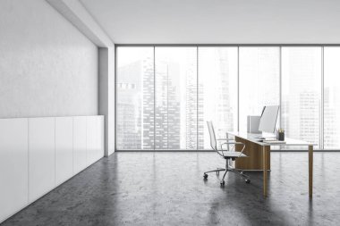 Beyaz duvarları, beton zemini ve ahşap bilgisayar masası olan modern CEO ofisinin yan görüntüsü. 3d oluşturma