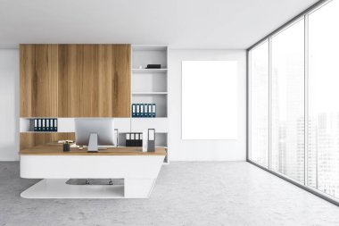 Pencerenin yanındaki mermer zeminde raflı, sandalyeli ve bilgisayarlı beyaz ışık ofisindeki kopyalama alanı. Bir ofis çalışanı için lüks ofis odası, 3 boyutlu, kimseyi göstermiyor.