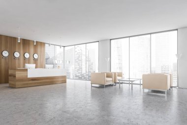 Müşteriler için masası ve koltukları olan beyaz ve ahşap resepsiyon salonu, yan görüş, ahşap duvarda saatler. Minimalist ofis, mermer zemin kattaki ofis, pencerenin yanındaki ofis. 3D, kimseyi göstermiyor.