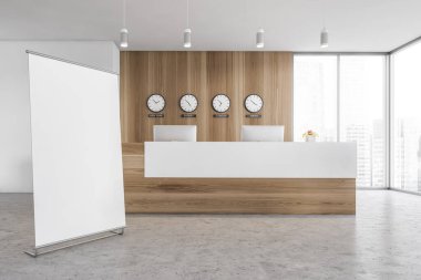 Masası, bilgisayarı ve saatleri ahşap duvarda olan beyaz ve ahşap resepsiyon odasındaki tuval. Pencerenin yanındaki iş yerinde minimalist kabul masası, 3 boyutlu, kimseyi göstermiyor