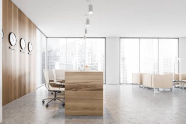 Müşteriler için masası ve koltukları olan beyaz ve ahşap resepsiyon salonu, ahşap duvarlı saatler. Minimalist resepsiyon masası mermer katta, ofis penceresinin yanında, 3D 'de hiç insan yok.