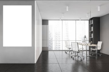 Beyaz ve siyah ofis danışma odasındaki, üç sandalyeli ve ahşap masalı, şehir manzaralı büyük pencerenin yanındaki fotokopi odası. Modern minimalist ofis odası, 3 boyutlu, insan yok.