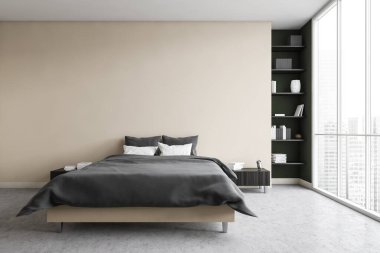 Bej ve gri yatak odası, beyaz yastıklı yatak ve gri çarşaflar, sehpalar. Bej duvar ve mermer zemin, pencere kenarındaki kitaplık şehir manzaralı, 3D görüntüde kimse yok.