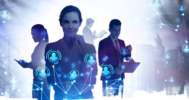 Portrait of four young business people working together in blurry city. Concept of teamwork and partnership. Toned image double exposure of HR interface