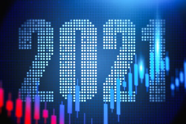 Año 2021 Gráfico Financiero Rojo Sobre Fondo Azul Borroso Concepto — Foto de Stock
