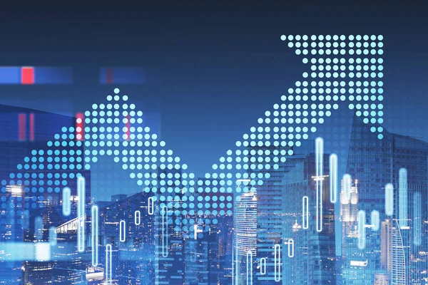 Digital arrow and financial graphs over blurry night cityscape background. Concept of growth and financial success. 3d rendering toned image double exposure