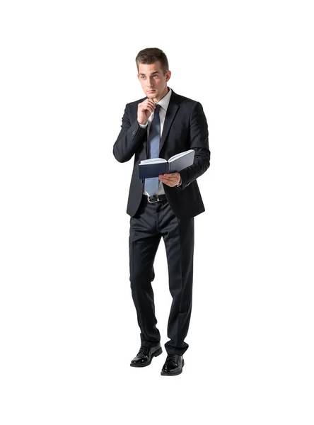 Isolated Full Length Portrait Young Businessman Book Concept Planning — Stock Photo, Image