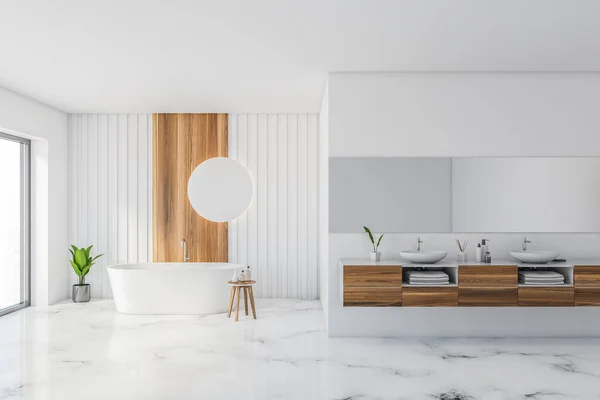 白と木製の壁 大理石の床 快適なバスタブとダブルシンクを備えたスタイリッシュなバスルームのインテリア 3Dレンダリング — ストック写真