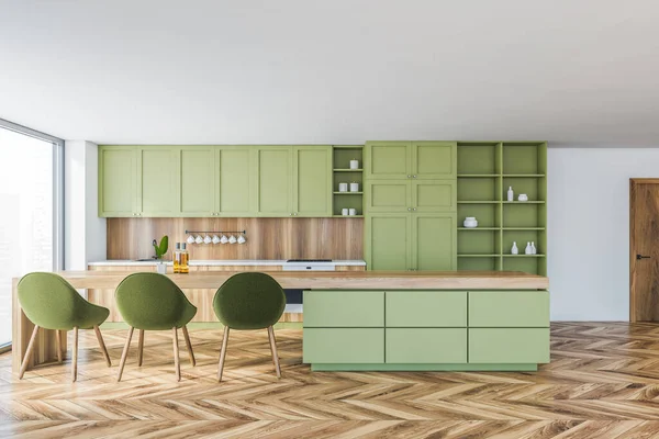 Vista Frontal Cozinha Moderna Com Paredes Brancas Verdes Piso Madeira — Fotografia de Stock