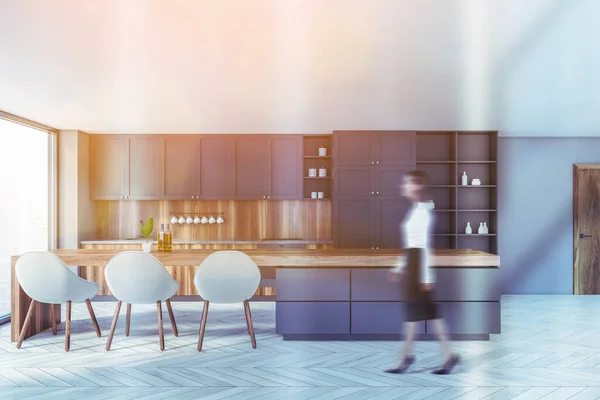 Blurry Young Woman Walking Modern Kitchen Gray Walls Wooden Floor — ストック写真
