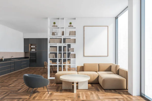 Mockup Leinwand Wohnzimmer Studio Wohnung Mit Beigem Sofa Und Schwarzer — Stockfoto