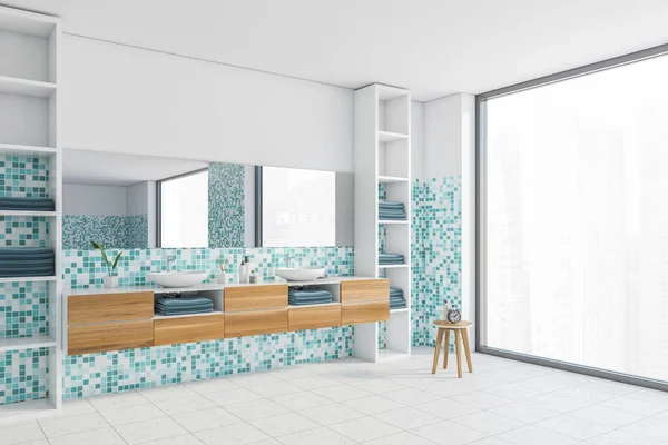 White Sea Green Bathroom Two White Sinks Mirror Side View — Stock Photo, Image