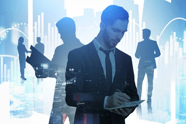 Silhouettes Businessmen Working Blurry City Double Exposure Graphs Concept Teamwork — Stok fotoğraf