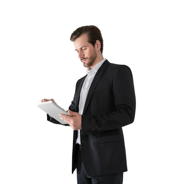 Isolated Portrait Bearded Young European Businessman Using Tablet Computer Concept — ストック写真