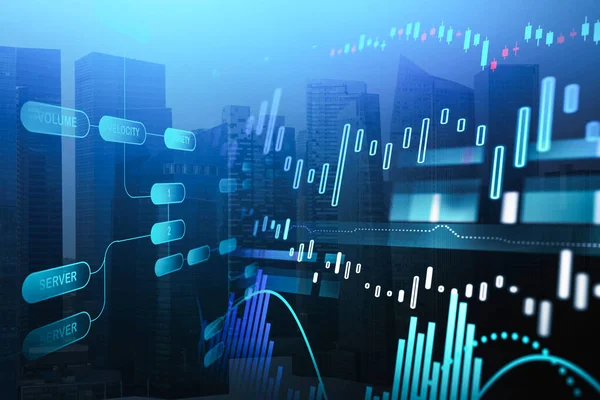 Leuchtend Blaue Finanzoberfläche Mit Diagrammen Über Verschwommenem Abstrakten Stadtbild Hintergrund — Stockfoto