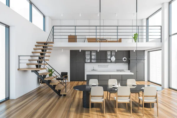 Interior Modern Kitchen White Gray Walls Wooden Floor Cupboards Bar — Stock Photo, Image