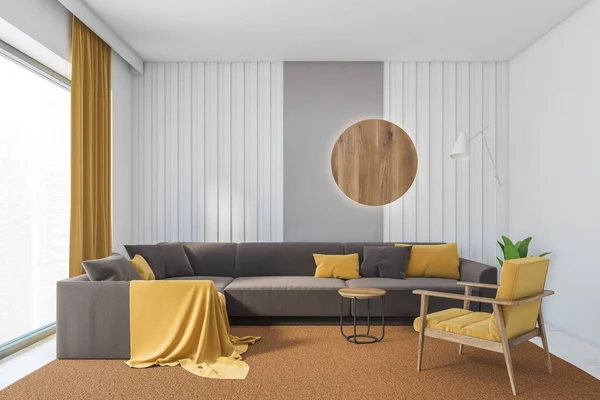 现代客厅的内部有灰白色的墙壁 大理石地板 长沙发椅和扶手椅 3D渲染 — 图库照片