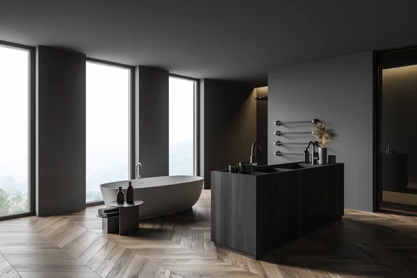 Angolo Elegante Bagno Con Pareti Grigie Cemento Pavimento Legno Comoda — Foto Stock