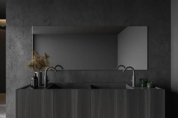 Primo Piano Elegante Bagno Con Pareti Cemento Scuro Doppio Lavabo — Foto Stock