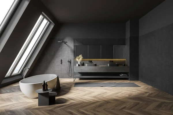 Interior Attic Bathroom Gray Walls Wooden Floor Comfortable Bathtub Double — Stock Photo, Image