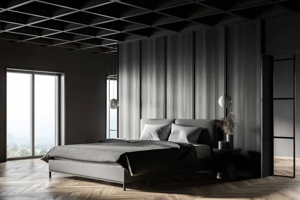 Ecke Des Stilvollen Hauptschlafzimmers Mit Grauen Und Hölzernen Wänden Holzboden — Stockfoto