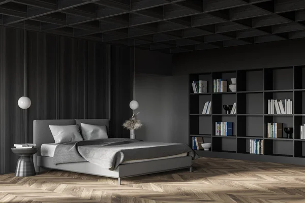 Ecke Des Stilvollen Hauptschlafzimmers Mit Grauen Und Hölzernen Wänden Holzboden — Stockfoto