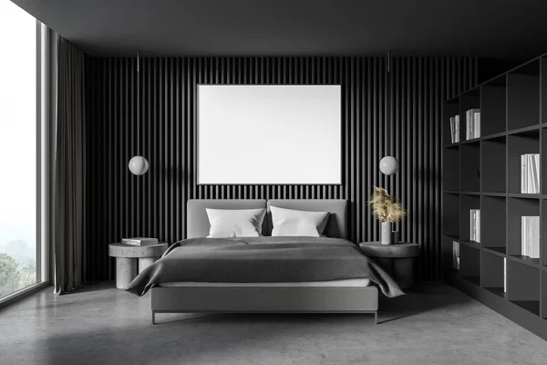 Interior of stylish master bedroom with dark wooden, concrete floor, comfortable king size bed and horizontal mock up poster. 3d rendering