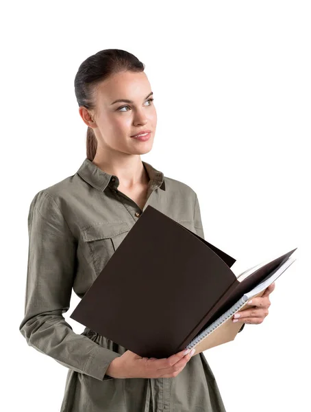 Isolated Portrait Serious Young European Businesswoman Folder Concept Paperwork — Stock Photo, Image