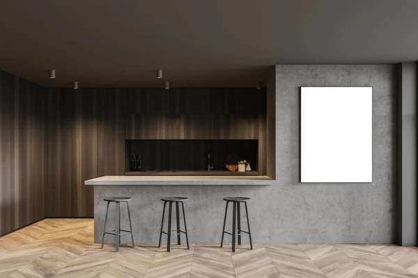 Interieur Der Stilvollen Küche Mit Dunklen Holz Und Betonwänden Holzboden — Stockfoto