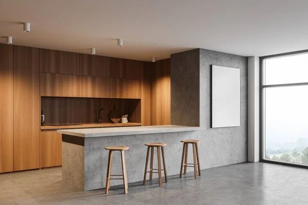 Roh Moderní Kuchyně Dřevěnými Betonovými Stěnami Betonovou Podlahou Skříněmi Barem — Stock fotografie