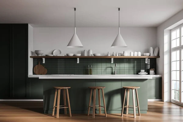 Interieur Van Moderne Keuken Met Witte Groene Muren Houten Vloer — Stockfoto