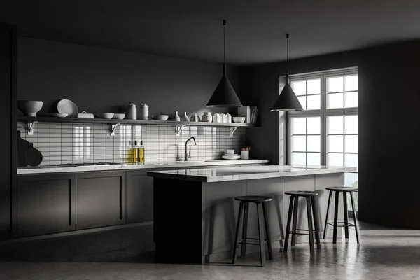 白とグレーの壁 コンクリート床 グレーの食器棚とバーとスタイリッシュなキッチンのコーナー 3Dレンダリング — ストック写真