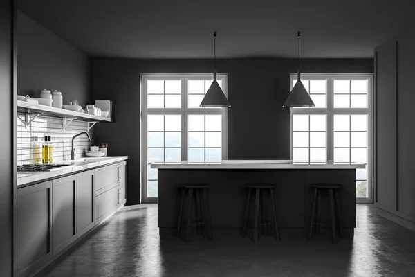 白とグレーの壁 コンクリート床 グレーの食器棚とバー付きのモダンなキッチンのサイドビュー 3Dレンダリング — ストック写真