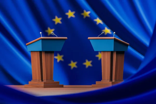 欧州連合の旗を背景にした2つの青と木製の選挙討論テーブルの眺め 政治の概念 3Dレンダリング — ストック写真