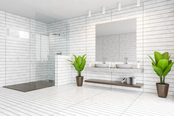 Ecke Des Stilvollen Badezimmers Mit Weiß Gefliesten Wänden Duschkabine Und — Stockfoto