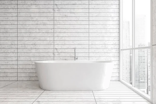 Interior Baño Moderno Con Paredes Baldosas Blancas Suelo Cómoda Bañera —  Fotos de Stock