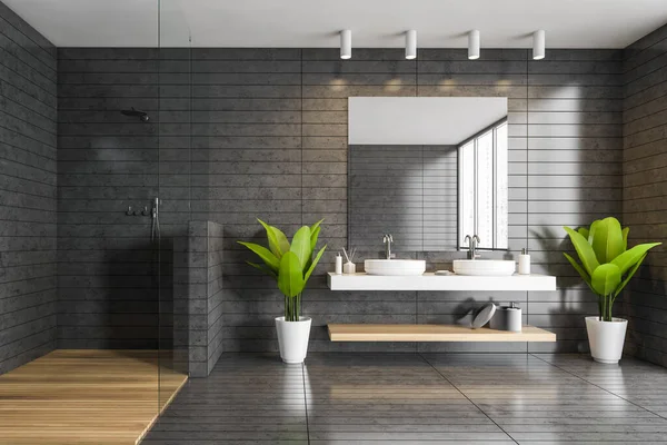 Interno Bagno Moderno Con Pareti Piastrellate Grigie Box Doccia Doppio — Foto Stock