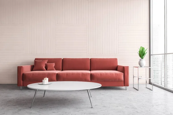 Interieur Eines Stilvollen Wohnzimmers Mit Rosa Wänden Betonboden Und Rotem — Stockfoto