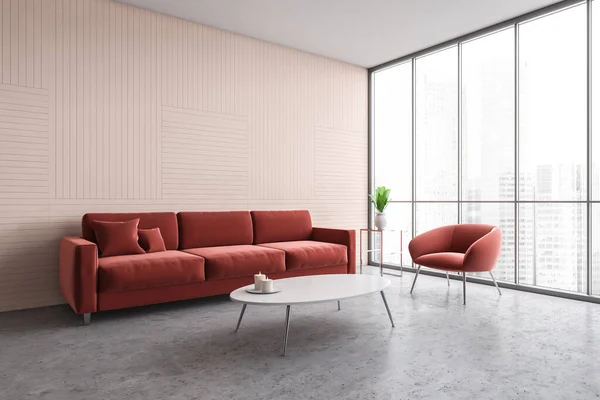 Canto Elegante Sala Estar Com Paredes Cor Rosa Piso Concreto — Fotografia de Stock