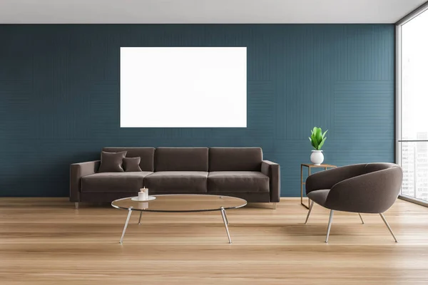 现代客厅的内部 有蓝色的墙壁 木制的地板 灰色的沙发和扶手椅 紧靠着咖啡桌 横向模拟海报 3D渲染 — 图库照片