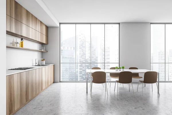 White Wooden Kitchen Six Brown Chairs Table City View Skyscrapers — Stock Photo, Image