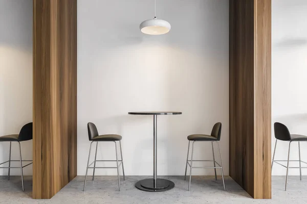 黑色的酒吧椅子 有黑色的高桌子 餐厅的木制隔板 现代咖啡馆的灰色大理石地板 带有新家具的简约设计 3D渲染 没有人 — 图库照片
