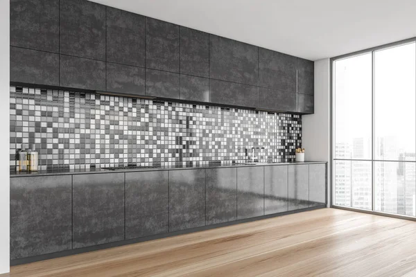 Gri mutfak seti ahşap zemin, yan manzara, beyaz ve siyah kare arka plan. Modern daire için minimalist gri mutfak tasarımı. 3D, kimseyi göstermiyor.