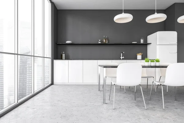 Grau Weißes Esszimmer Mit Weißer Küche Mit Backofen Und Kühlschrank — Stockfoto